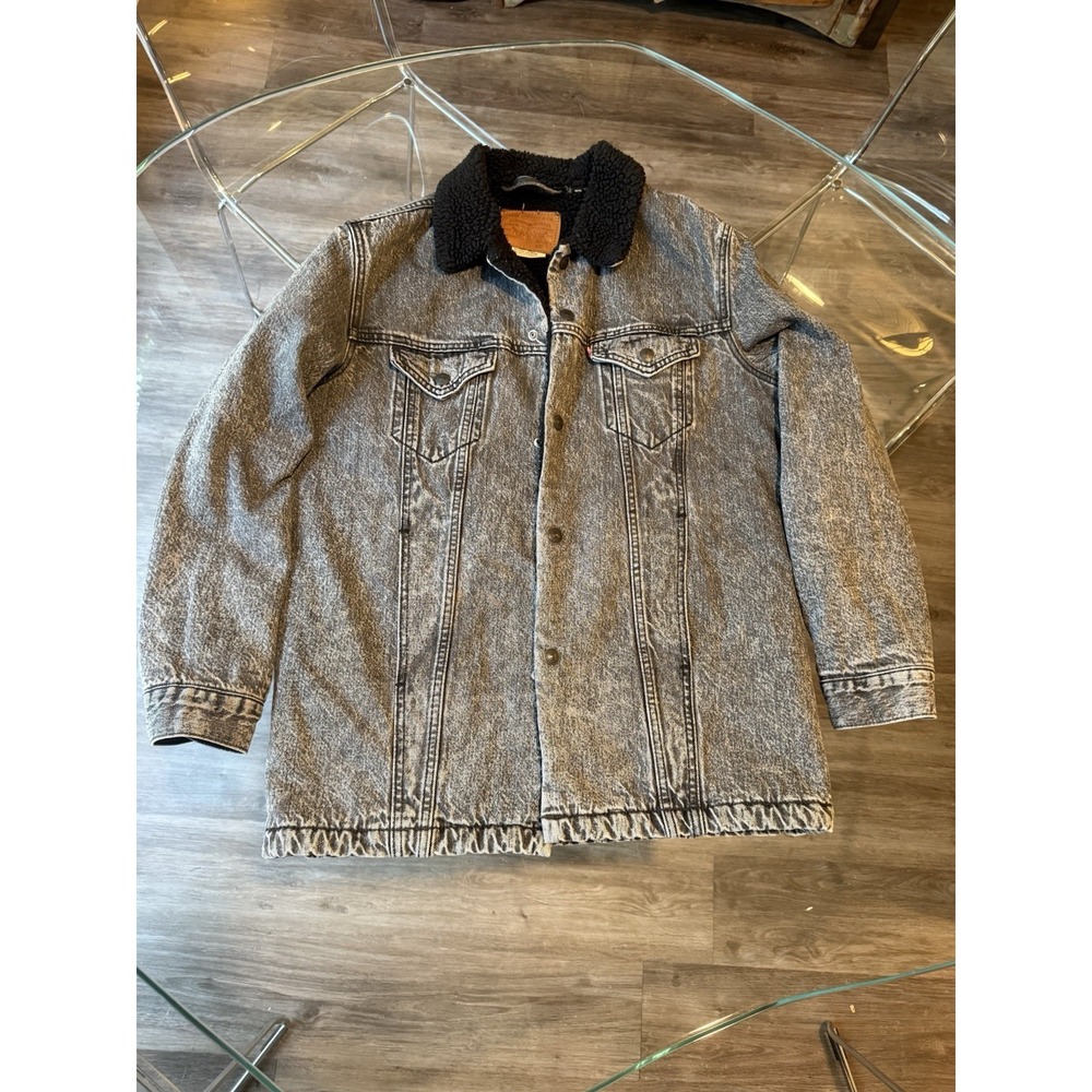Levi's Denim Sherpa Acid Stone Wash Collared Trucker Jacket Black‎ Gray Sz Small